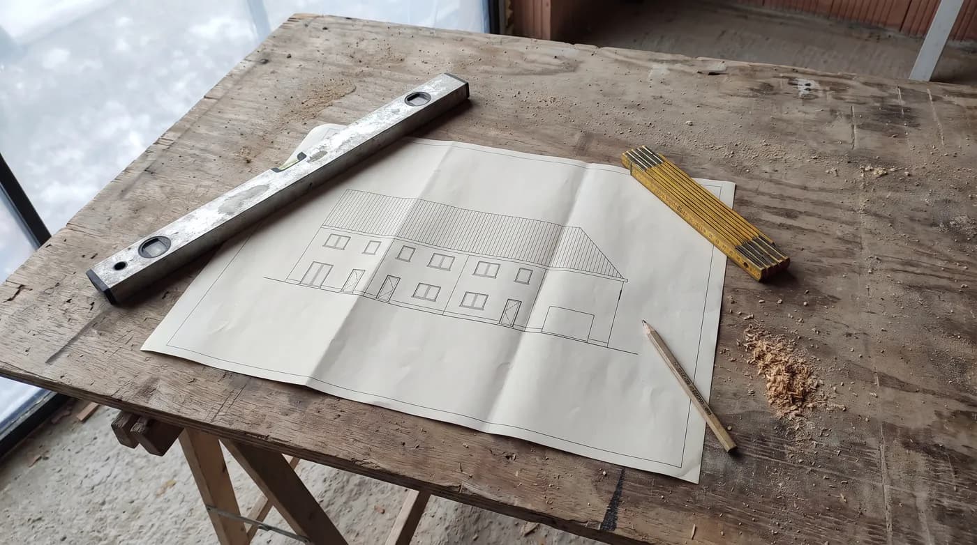 Een geveltekening op een werftafel.