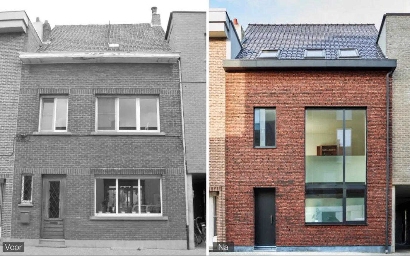 Voor en na van een gevelrenovatie, naast elkaar.