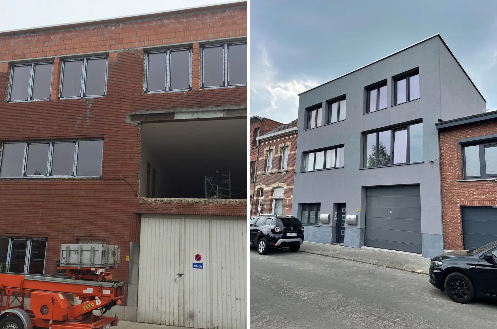 Een pand in Duffel voor en na renovatie: van rode baksteen met een open gevel naar een grijze crepigevel met drie woonlagen en een garagepoort.
