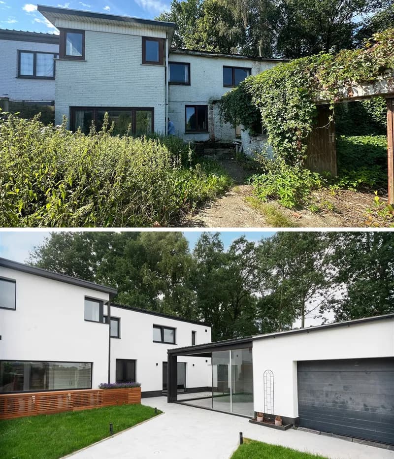 Een halfopen woning in Genk voor en na renovatie: van een verwilderde tuin en oude gevel naar witte gevels, grote ramen en een nieuwe oprit.