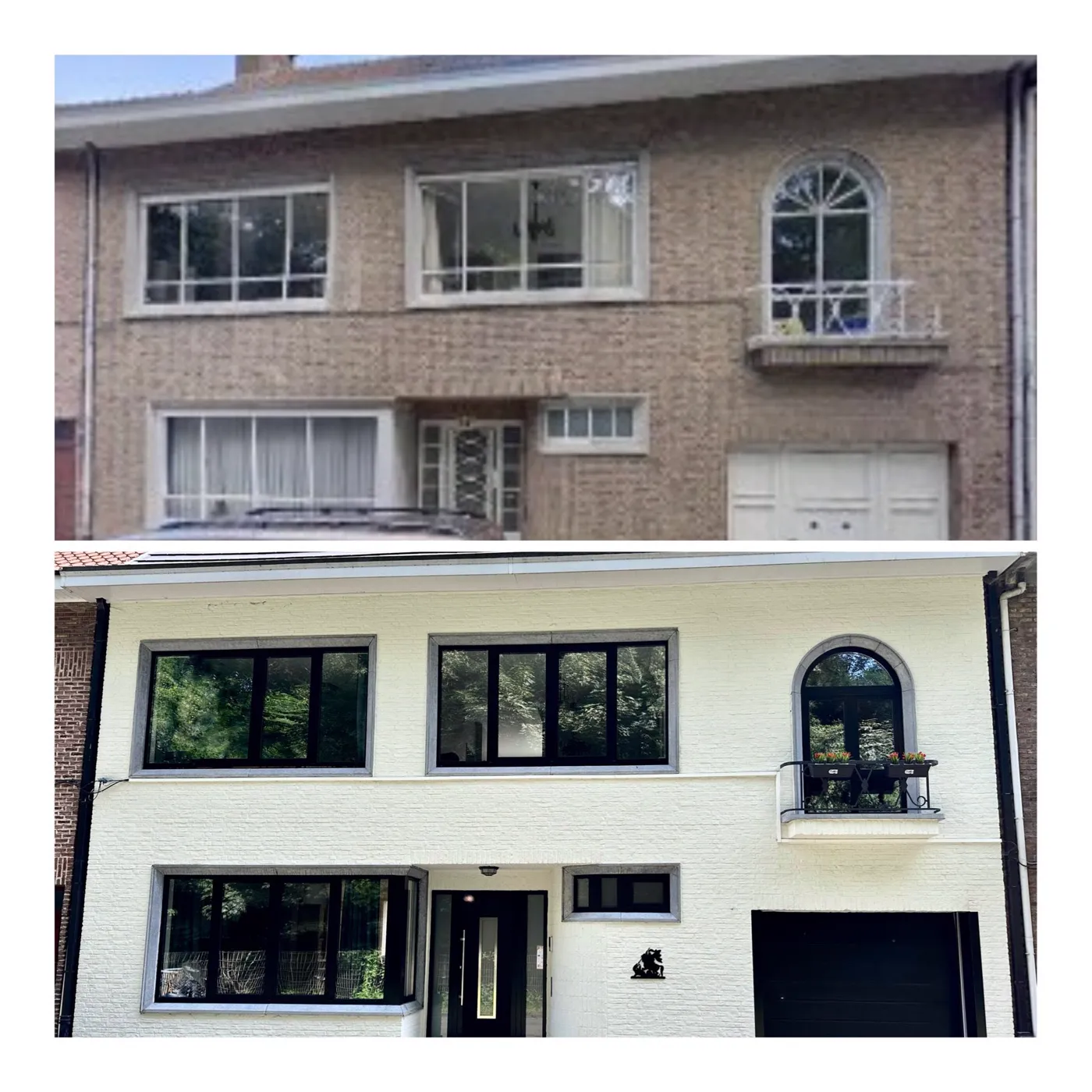 Een ruime woning in Niel voor en na renovatie: van bruine baksteen naar een lichte gevel met zwart schrijnwerk.